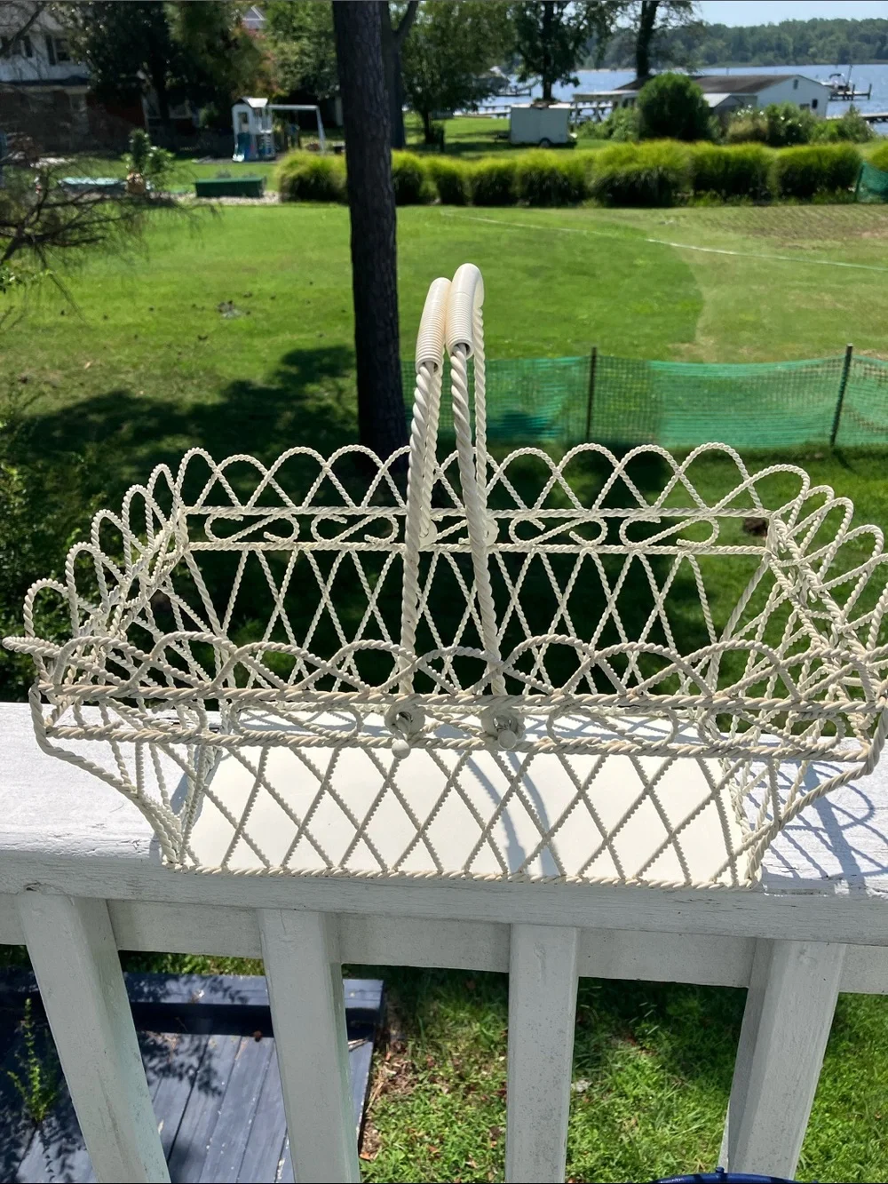Vintage White Metal Basket With Handles French Country, Cottage core